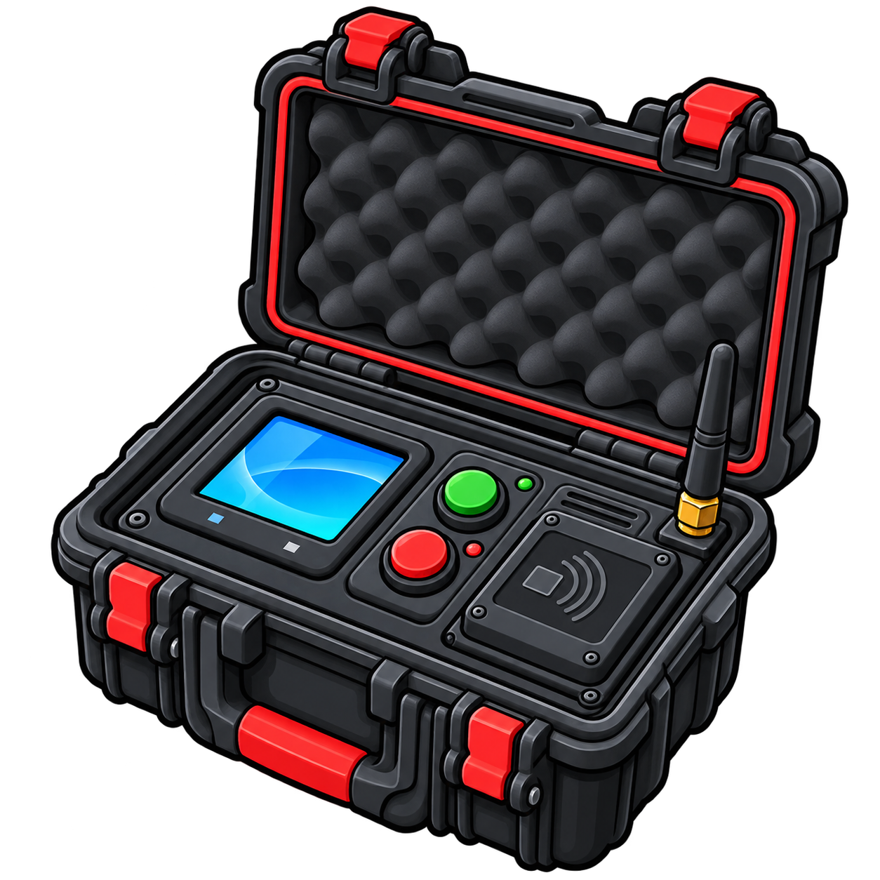 Cartoon RFID field scanner in a rugged case